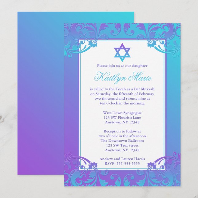 Invitaciones a Bat Mitzvah con sabor Verde azulado (Anverso / Reverso)