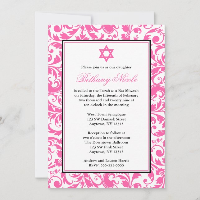 Invitaciones a Bat Mitzvah De Bañera Rosada Damask (Anverso)