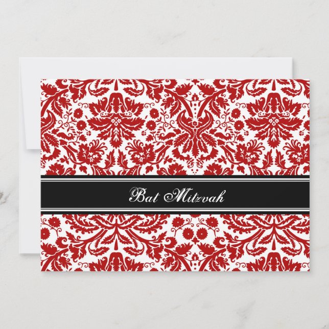 Invitaciones a Bat Mitzvah de Damasco Negro Rojo (Anverso)