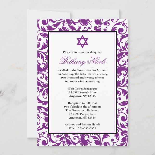 Invitaciones a Bat Mitzvah de Morple Swirl Damask (Anverso)