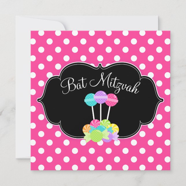 Invitaciones a Bat Mitzvah del Punto de Polka Rosa (Anverso)