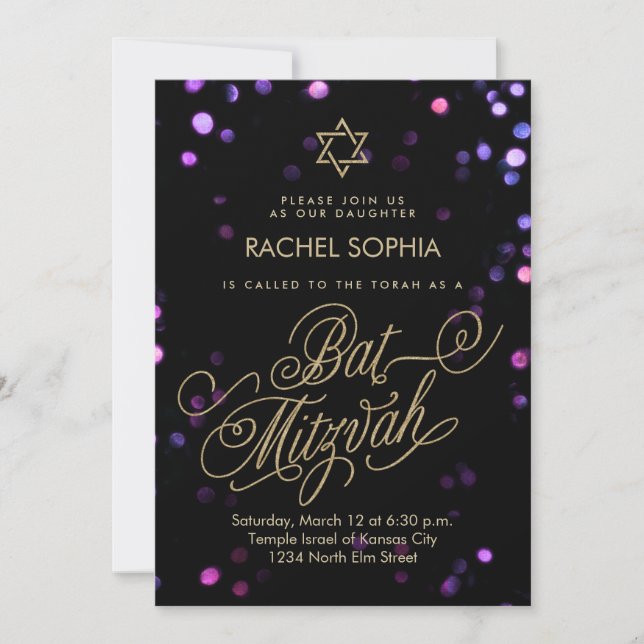 Invitaciones a Bat Mitzvah | Elegante morado y oro (Anverso)