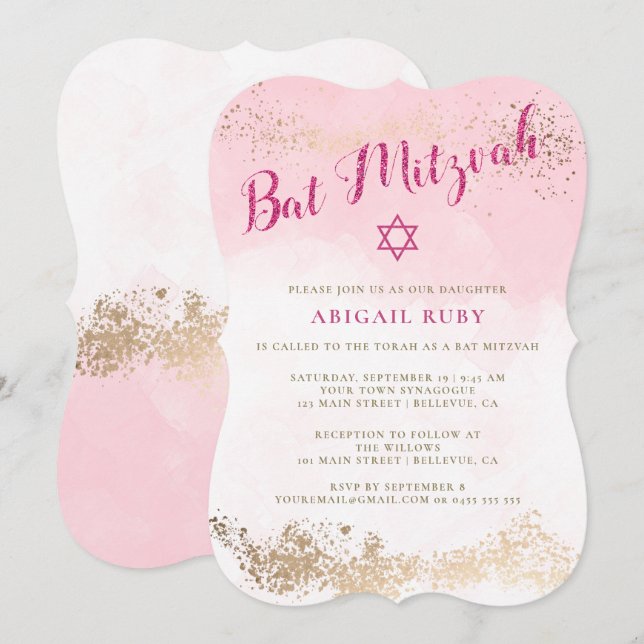 Invitaciones a Bat Mitzvah | Purpurina Rosa y Oro  (Anverso / Reverso)