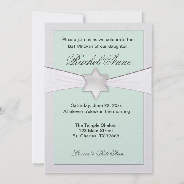 Invitaciones a Bat Mitzvah verde menta clara (Anverso)