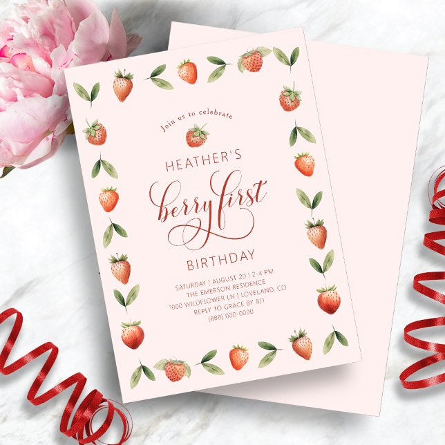 Invitaciones a Berry First Birthday (Pink Berry First Photo Birthday Invitation by Painted Paperie
)