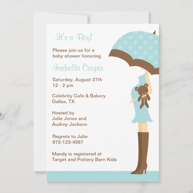 Invitaciones a Blue Umbrella Baby Shower (Anverso)