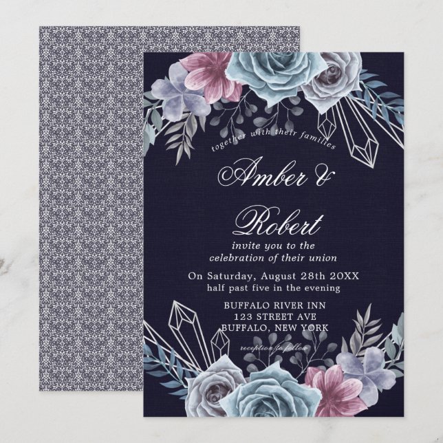 Invitaciones a boda floral de Rosa azul turquesa (Anverso / Reverso)