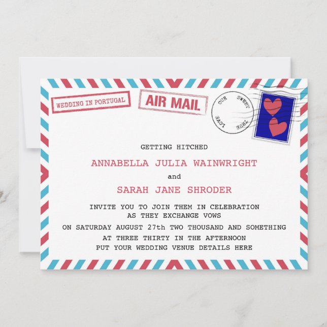 Invitaciones A Boda Lesbiana Del Correo Aéreo En P (Anverso)