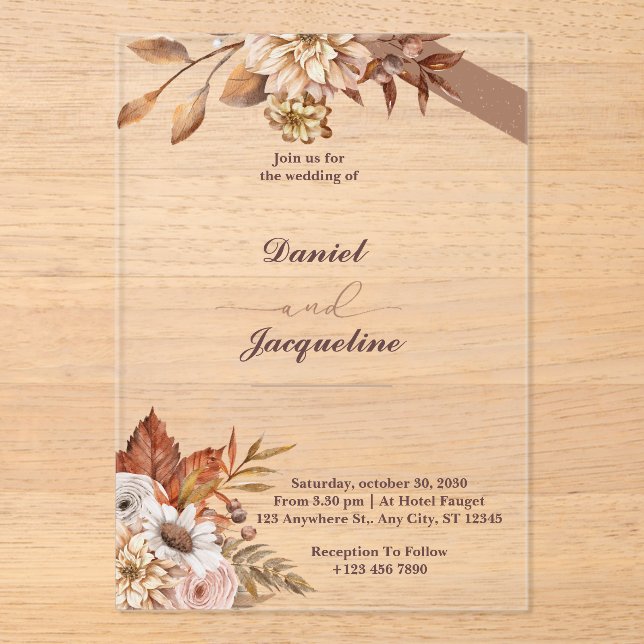 Invitaciones a bodas acrílicas con flores de cosec (Anverso)