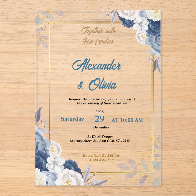 Invitaciones a bodas acrílicas florales de lujo pe (Anverso)