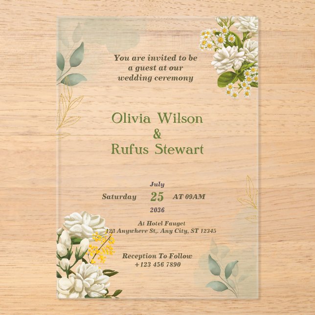 Invitaciones a bodas acrílicas florales y verdes r (Anverso)