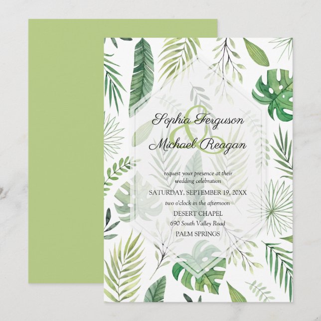 Invitaciones a bodas botánicas de vegetación tropi (Anverso / Reverso)