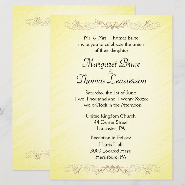 Invitaciones a bodas con acento de corazón amarill (Anverso / Reverso)