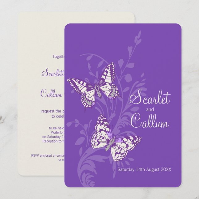 Invitaciones a bodas con crema de color morado (Anverso / Reverso)