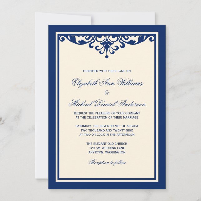 Invitaciones a bodas con flores de marfil y azul d (Anverso)