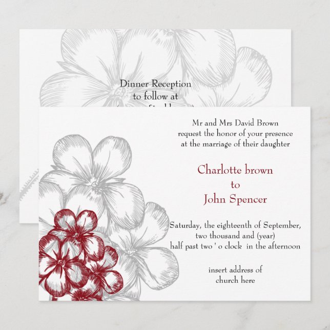 invitaciones a bodas con flores rojas (Anverso / Reverso)