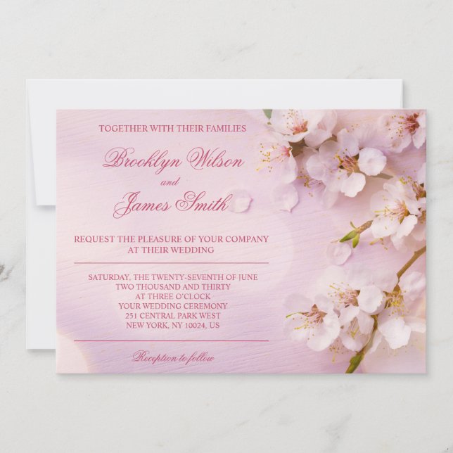 Invitaciones a bodas con flores rosadas (Anverso)