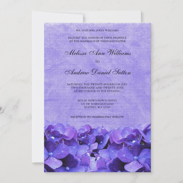 Invitaciones a bodas con hidrangea púrpura (Anverso)
