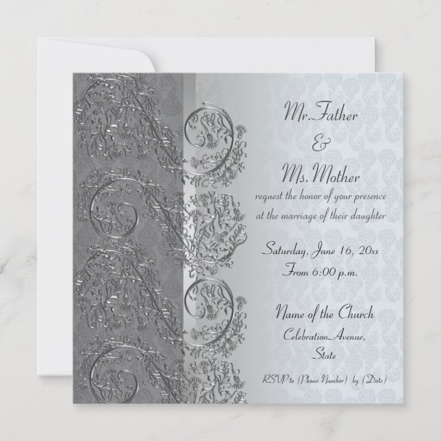 Invitaciones a bodas con marco de damasco negro y  (Anverso)