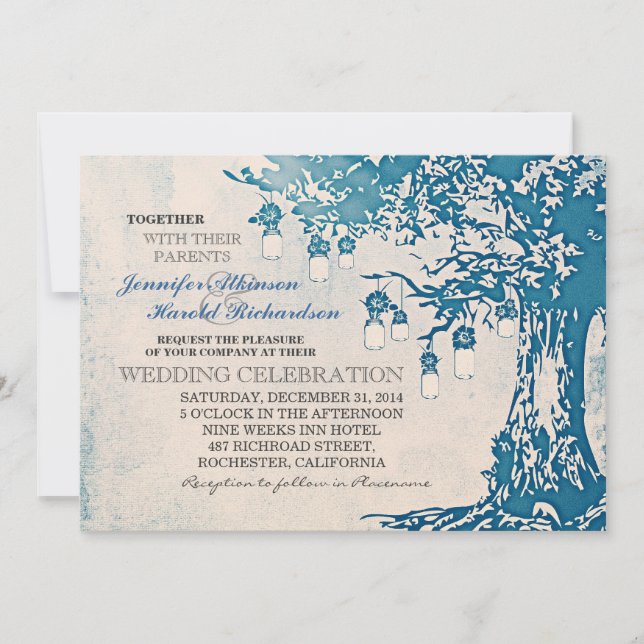 Invitaciones a bodas de árboles de albañiles azul  (Anverso)