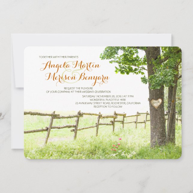 Invitaciones a bodas de árboles de amor en un país (Anverso)