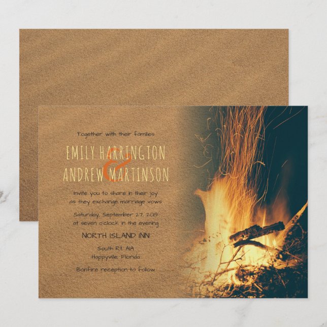 Invitaciones a bodas de arena y fuego en la playa  (Anverso / Reverso)