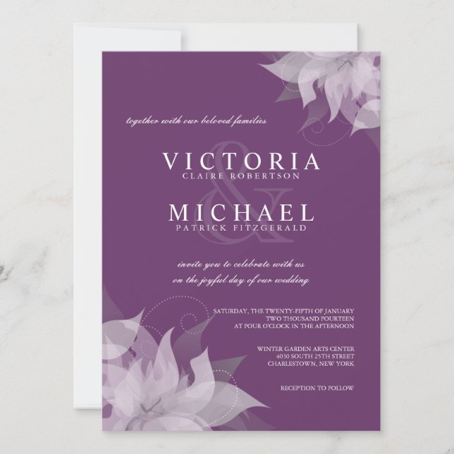 Invitaciones a bodas de berenjenas y florales blan (Anverso)