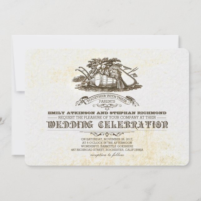 Invitaciones a bodas de campo rústico para la cose (Anverso)