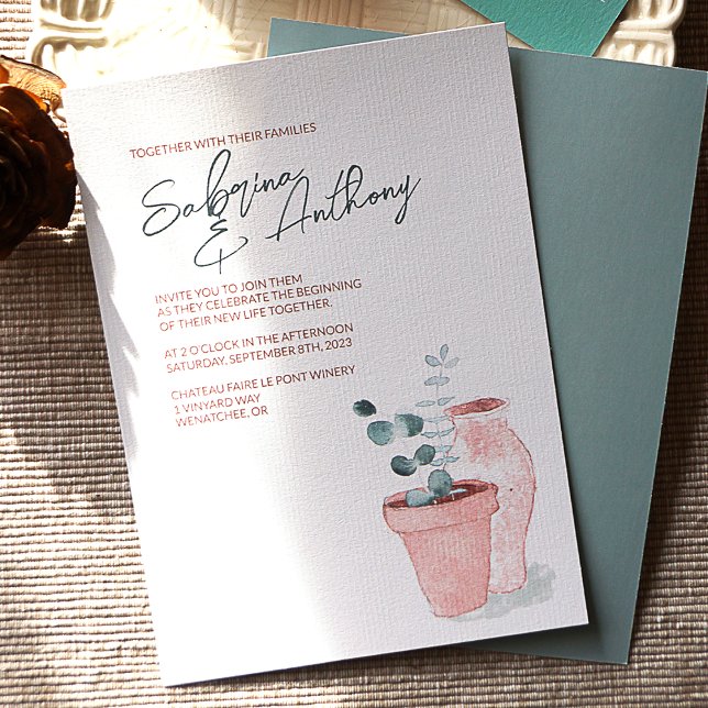 Invitaciones a bodas de cerámica de Eucalipto, Ter (Watercolor Potted Plants with Eucalyptus Leaves Painted in Watercolor)