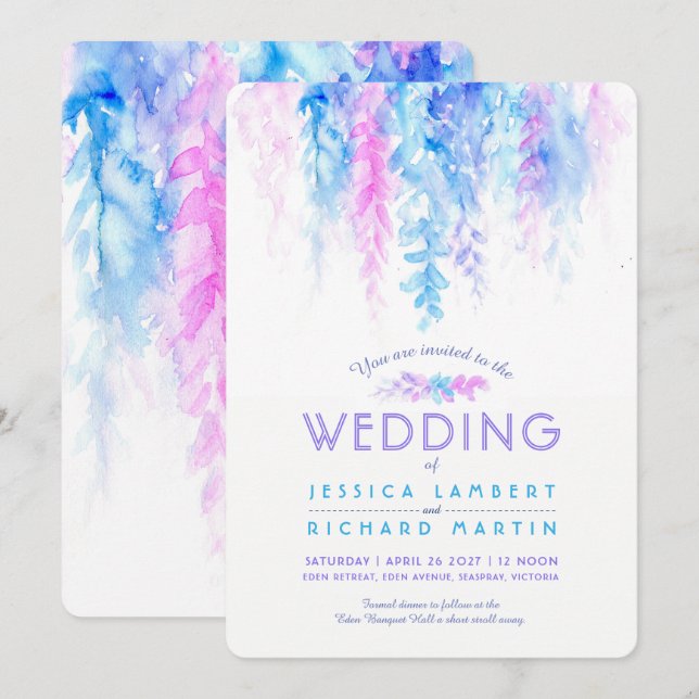 Invitaciones a bodas de color azul violeta (Anverso / Reverso)