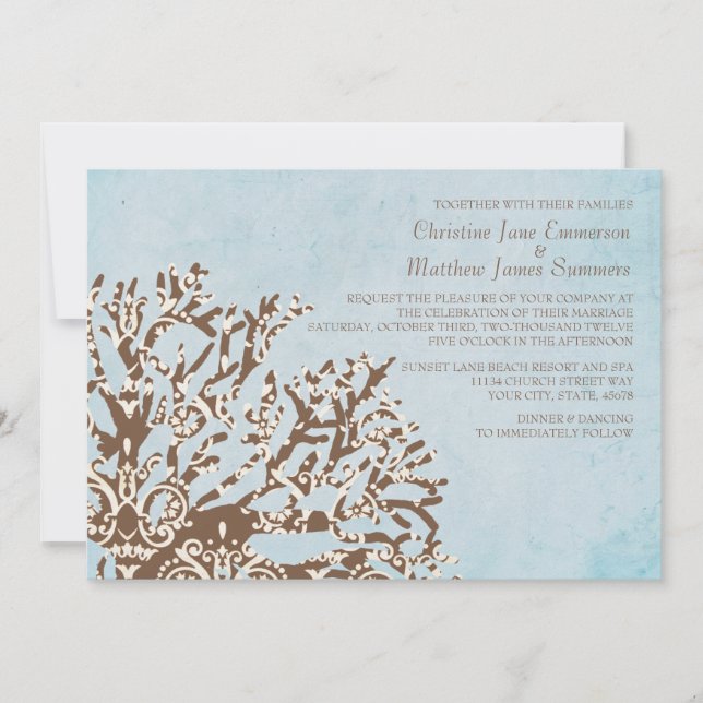 Invitaciones a bodas de coral marrón y Verde azula (Anverso)