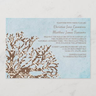 Invitaciones a bodas de coral marrón y Verde azula