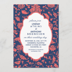 Invitaciones a bodas de coral y azul de la marina