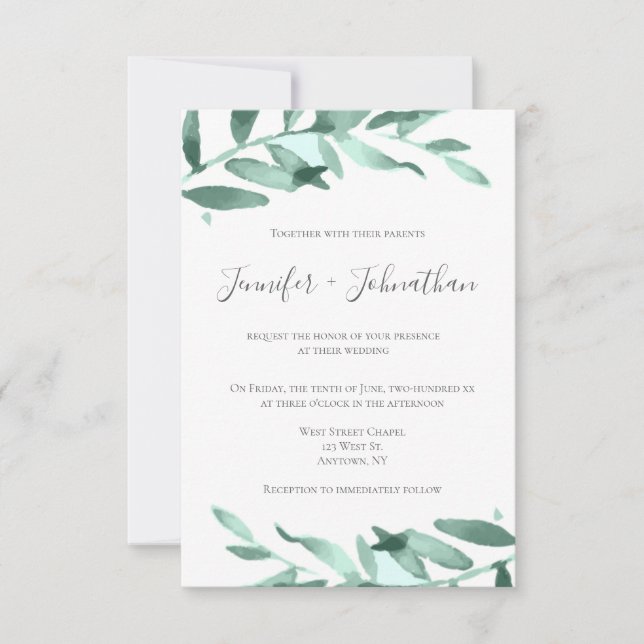 Invitaciones a bodas de coronas verdes modernas (Anverso)