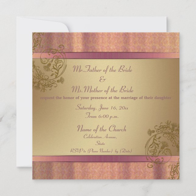 Invitaciones a bodas de damasco dorado y rosa eleg (Anverso)