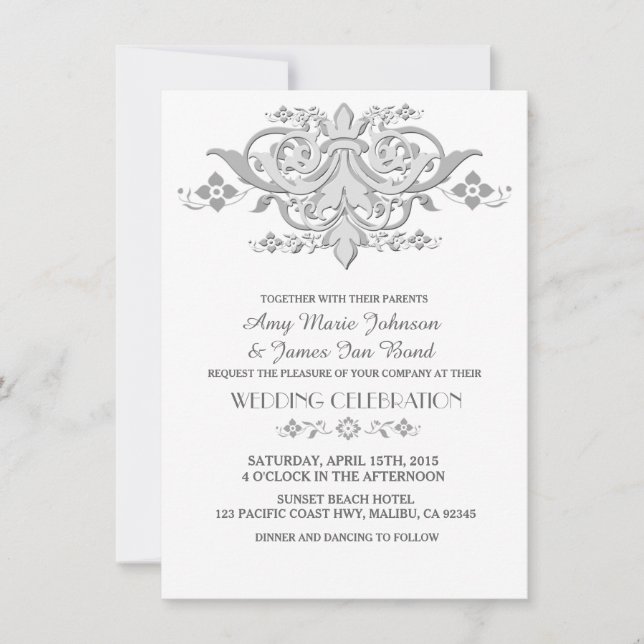 Invitaciones a bodas de damasco gris plateado dama (Anverso)