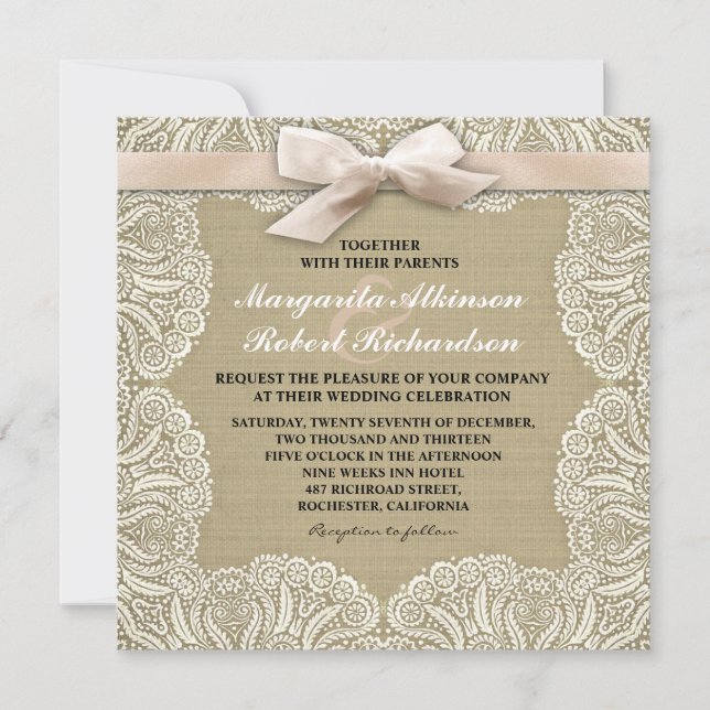 Invitaciones a bodas de encaje blanco y burlap (Anverso)