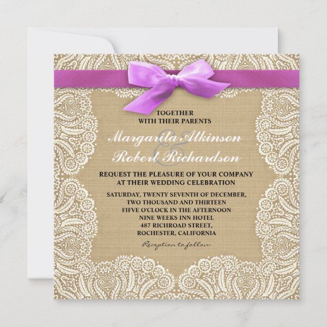 Invitaciones a bodas de encaje blanco y burlap (Anverso)