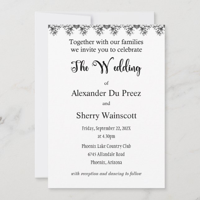 Invitaciones a bodas de encaje blanco y negro (Anverso)