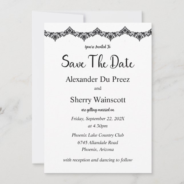 Invitaciones a bodas de encaje blanco y negro (Anverso)