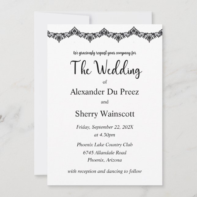 Invitaciones a bodas de encaje blanco y negro (Anverso)