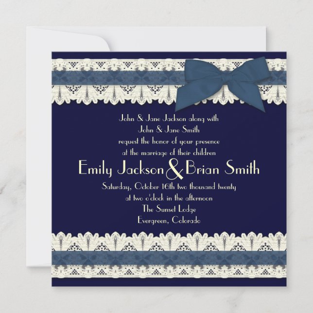 Invitaciones a bodas de encaje con cinta azul del  (Anverso)