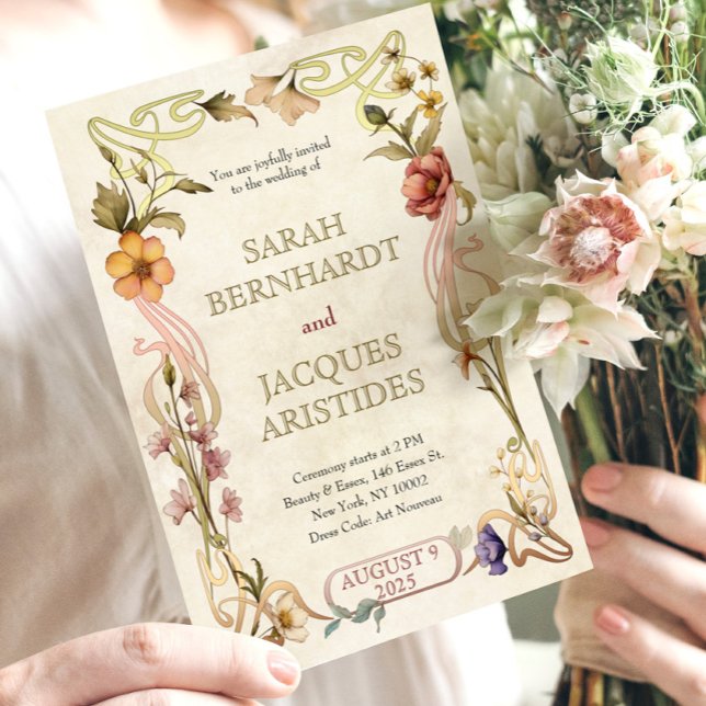 Invitaciones a bodas de época Art Nouveau Deco (Retro Wedding Invitation with Art Nouveau Floral Frame. Antique Wedding Invite Template)
