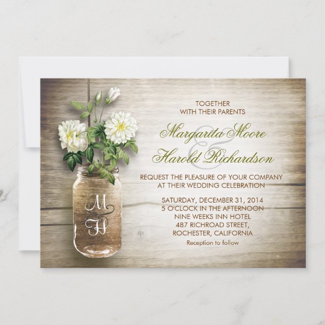 Invitaciones a bodas de flores blancas y jarras de (Anverso)