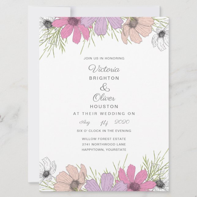 Invitaciones a bodas de flores de Lilac Cosmos (Anverso)