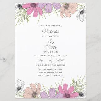 Invitaciones a bodas de flores de Lilac Cosmos