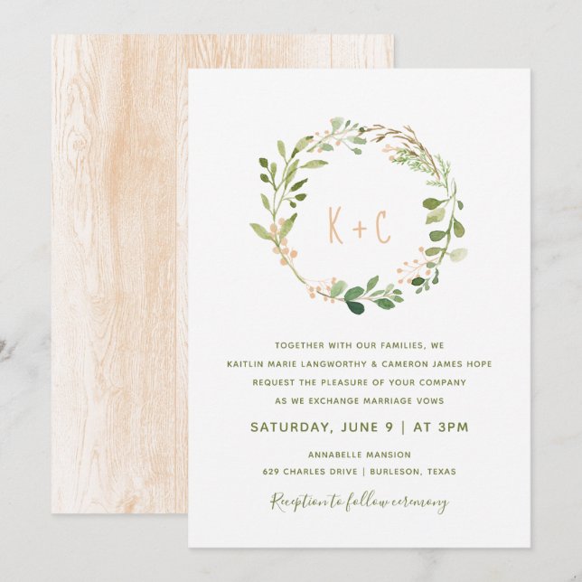 Invitaciones a bodas de flores de verde - Peach (Anverso / Reverso)