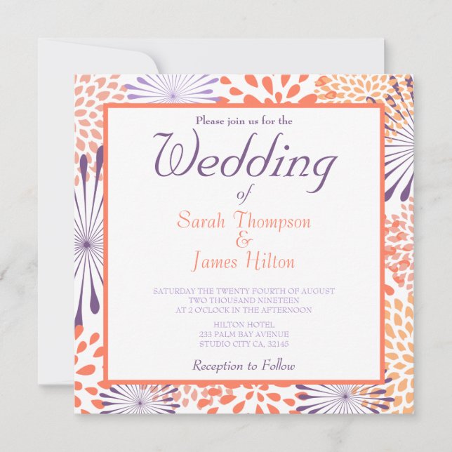 Invitaciones a bodas de flores moradas y corales (Anverso)