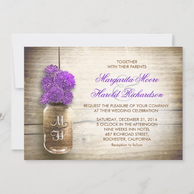 Invitaciones a bodas de flores moradas y jarras de (Anverso)