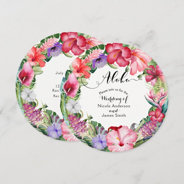 Invitaciones a bodas de flores tropicales de Aloha (Anverso / Reverso)